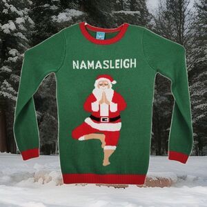 Norther Pole Namasleigh Santa Claus women's sweater, size small, green w/ Santa